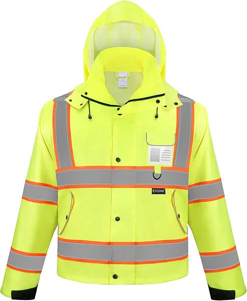 TICONN Reflective Rain Jacket Safety Jacket, Waterproof Hi Vis Rain Coat, Class III High Visibility Coat