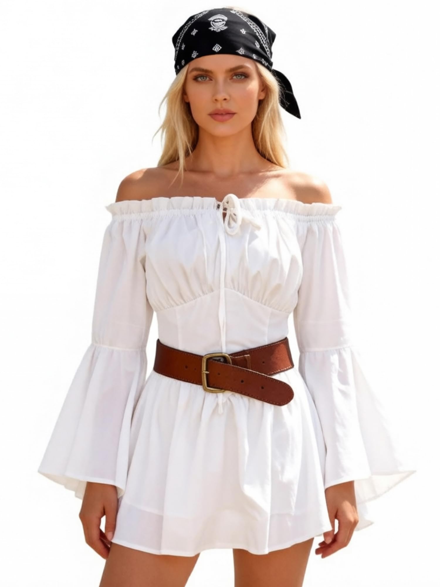 Lshyuehao Womens Halloween Pirate Costume Off Shoulder Romper Dress with Shorts (E-Ivory White, S) โ image 1