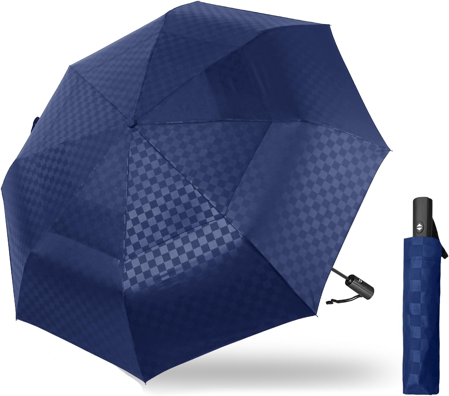SatolLarge Golf Umbrella 62 Inch, Automatic Windproof Double Canopy Vented 8 Ribs Sturdy Folding Umbrella, UPF 50+ Portable Wind Resistant Sun & Rain Compact Umbrellas for Travel (checkered)