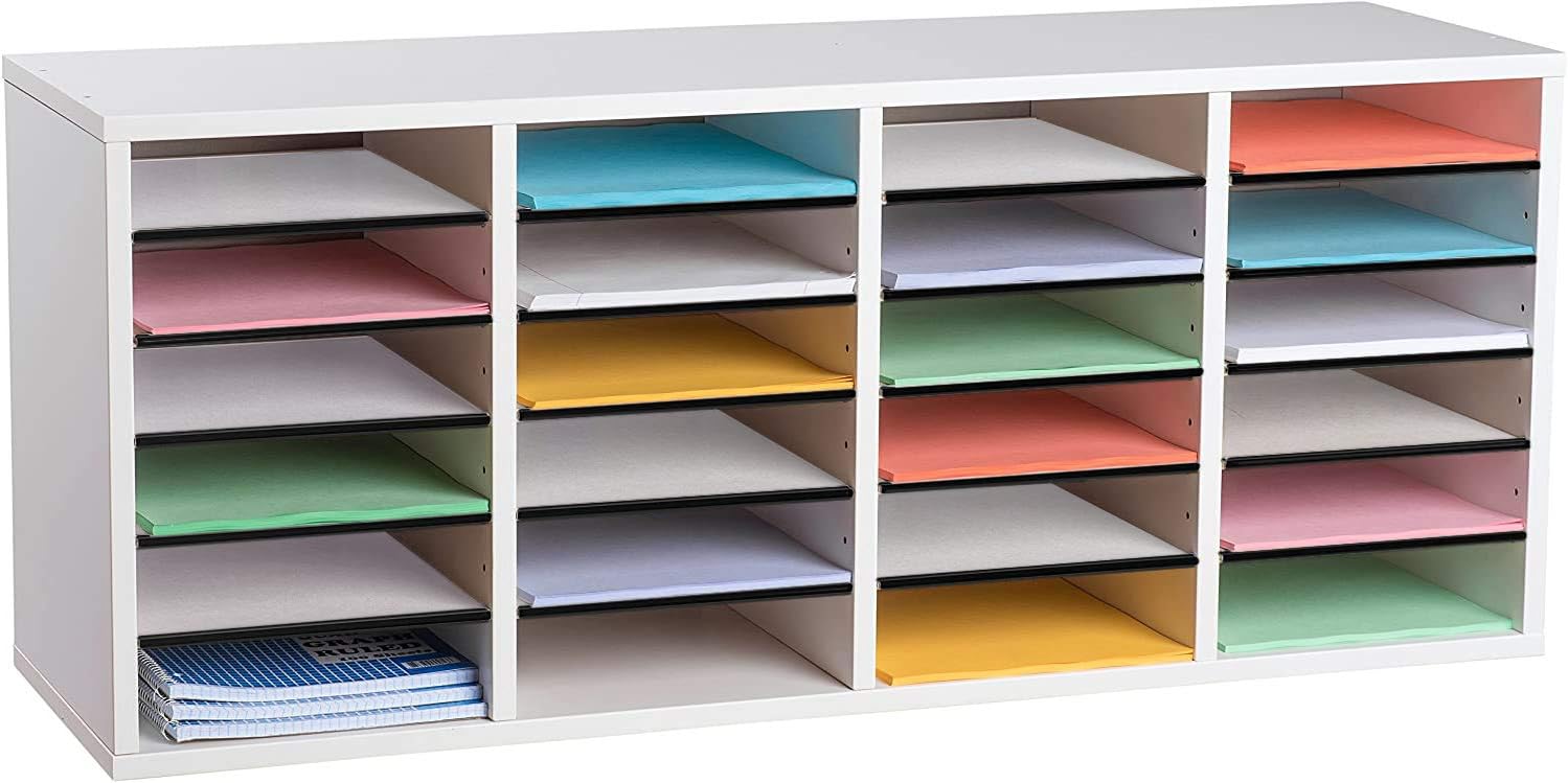AdirOffice Wooden Adjustable Literature Organizer, 24 Compartment Office Mailbox, or Classroom Literature Organizer, White White 24 Compartment