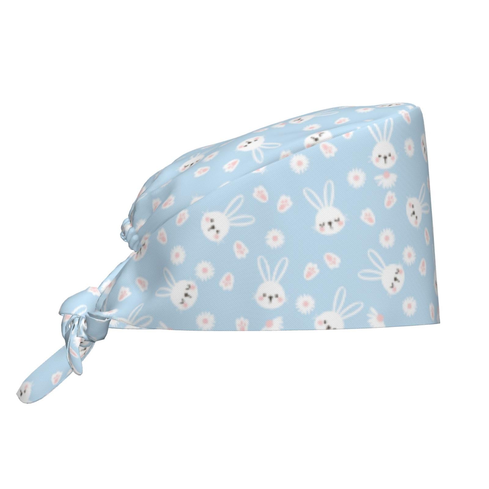 Kuilepa Cute Bunny Print Working Caps With Sweatband Adjustable Working Hats Elastic Scrub Hats Nurse Scrub Cap