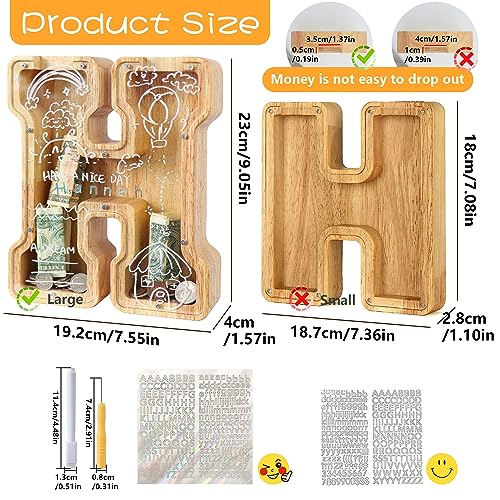 Mikytoper Letter Money Box for Kids Large Wooden Personalized A-Z Piggy Bank Clear Alphabet Money Bank Coin Bank for Gift Decoration Baptism (H) - Image 2