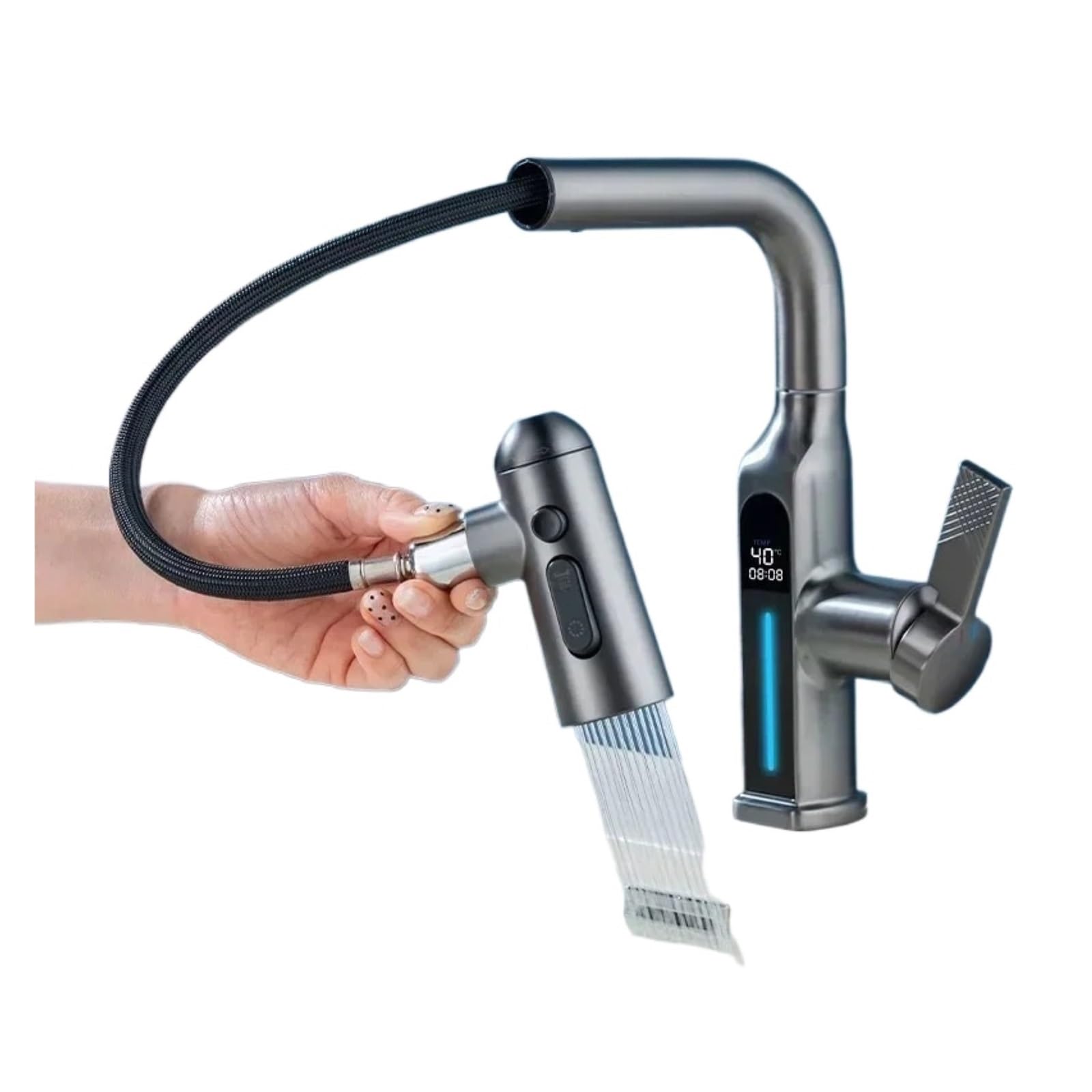 Rubinetto per bagno estraibile, miscelatore per lavabo a cascata a 5 modalità con display a LED, montaggio da seduto,Controllo del flusso