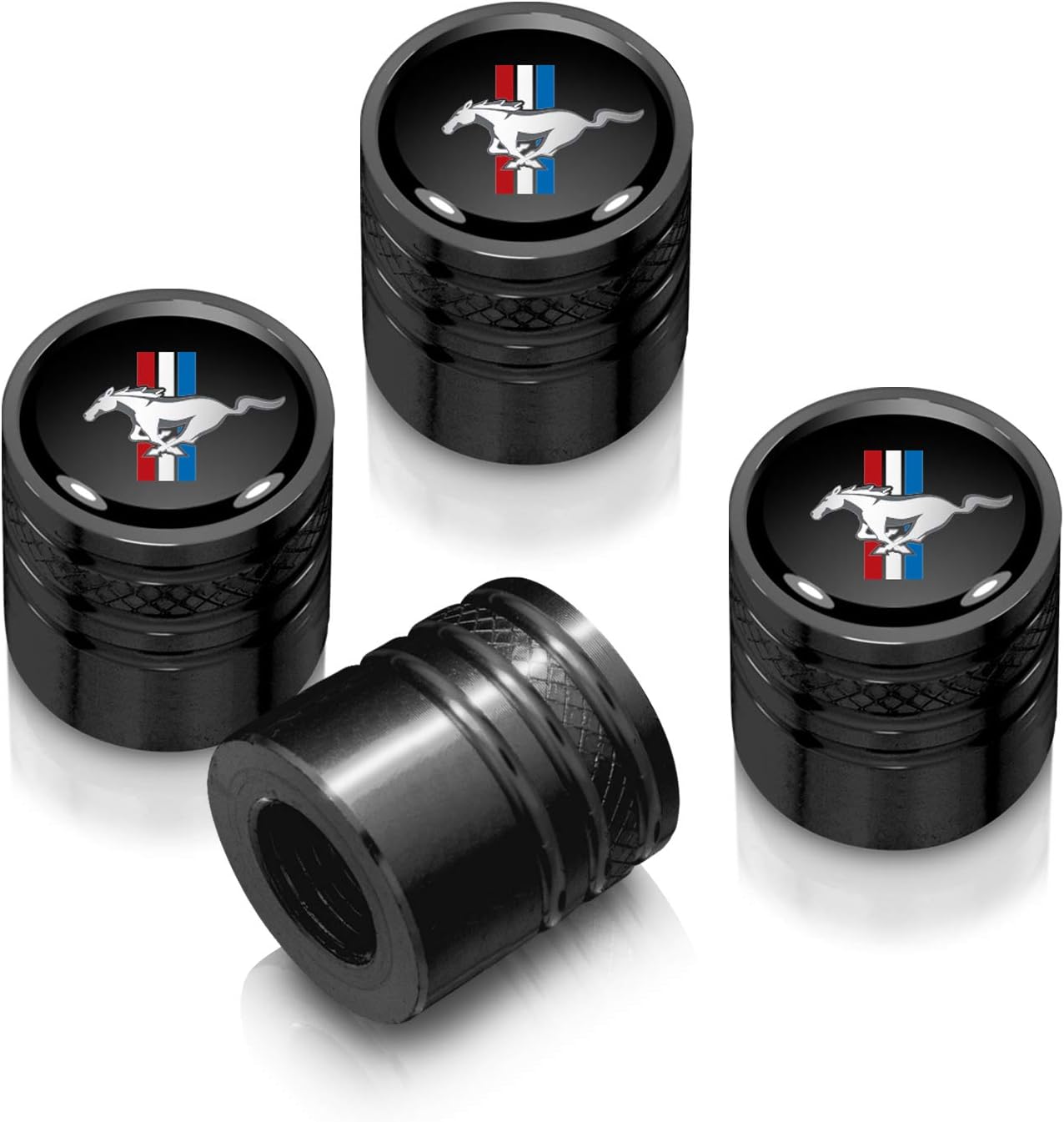 iPick Image for Ford Mustang Tri-Bar Black Cylinder-Style Aluminum Tire Valve Stem Caps - Official Licensed