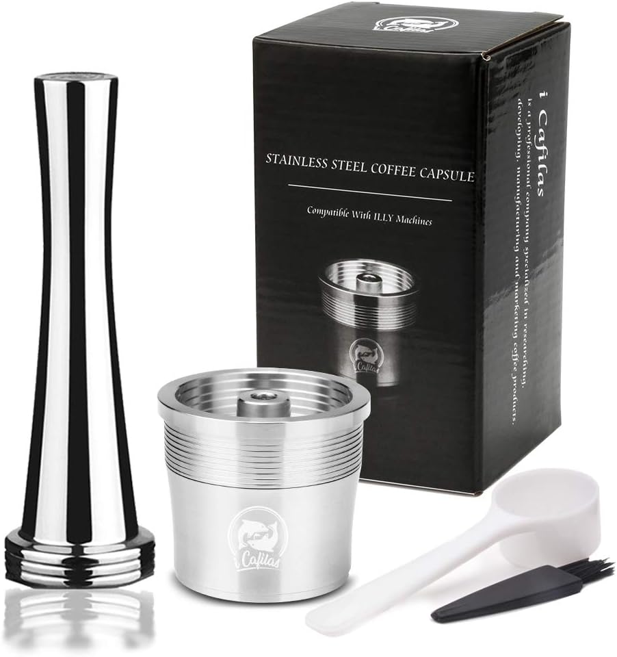 i Cafilas ILLY Stainless Steel Reusable Refillable Espresso Coffee Pods for Illy Iperespresso Coffee Machine X9, X8 X7.1 Y5 Y3 Y1.1 (Capsule + Tamper)