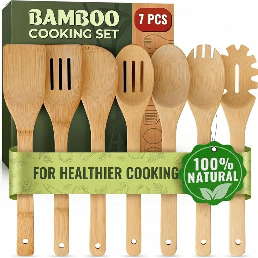 Wooden Utensil Set, Bamboo Utensils โ 7 PCs Wood Spoons for Cooking | Lightweight, Easy to Clean, Sturdy & Heat Resistant โ Food-Safe, Multipurpose for Stirring & Serving