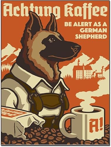 Póster publicitario de perro pastor alemán, diseño vintage de café en lienzo para decorar la habitación de la pared, pósteres e impresiones