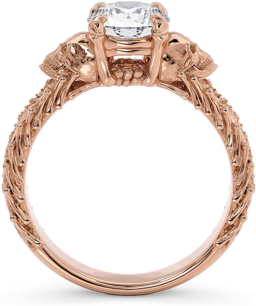 Ssjewel 2 Ct Round Cut Diamond Unique Skeleton Head Skull Engagement Rings For Women 14K Gold Plated 925 Sterling Silver Skull Head Ring Handmade Stacking Gothic Ring Customized Pretty Gift For Her