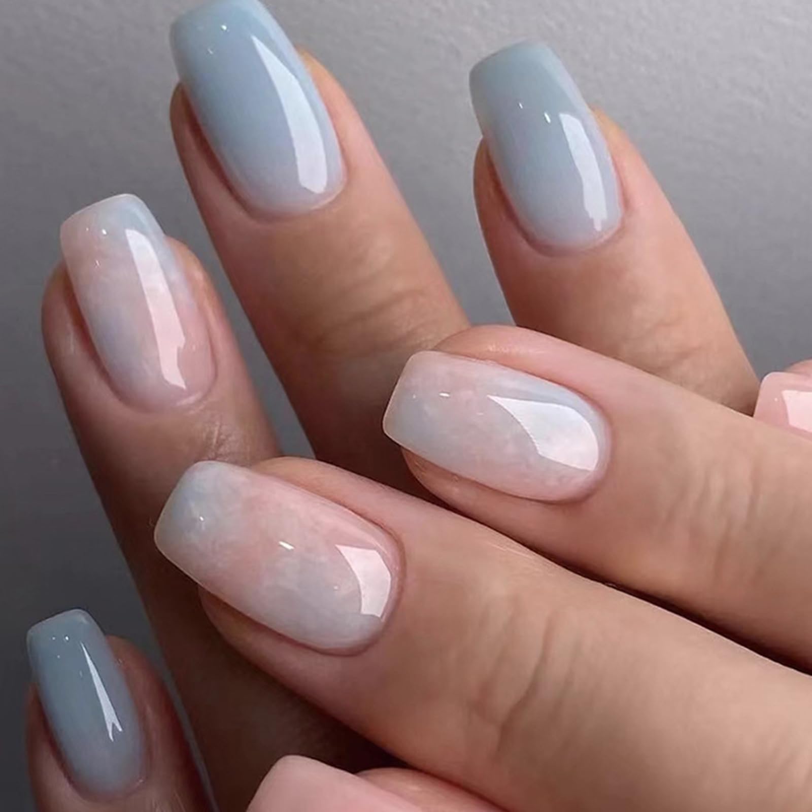 24 Piezas Uñas Postizas Cortas Cuadradas Francesas Brillantes Rosa Azul Press on Nails Cobertura Completa Adhesivas Uñas Falsas Acrílico Natural con Diseños para Mujeres y Niñas