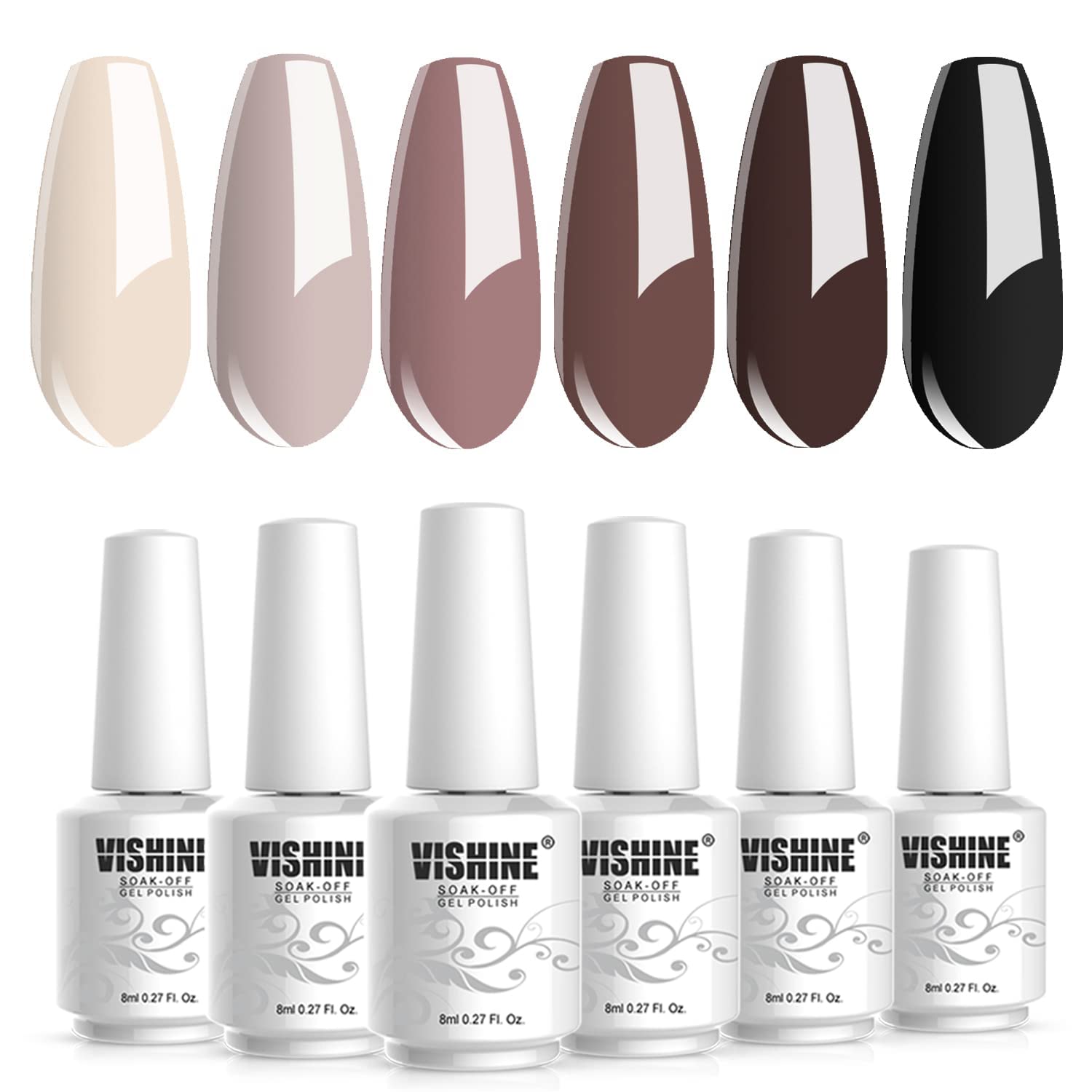 Vishine Nude Brown Collection Gel Nail Polish Set - 6 Colors, UV LED Soak Off Gel Polish 0.27 OZ 8ML
