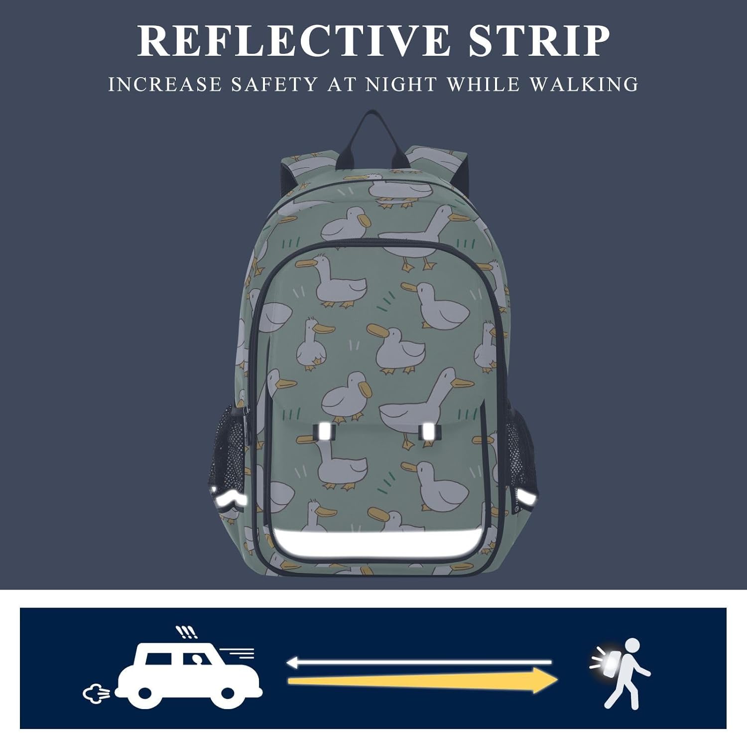 Cartoon Duck Pattern Green Backpack Girls Boys Elementary School Bags Bookbags Laptop Backpack Travel Daypack Safe Reflective Stripes - Image 5