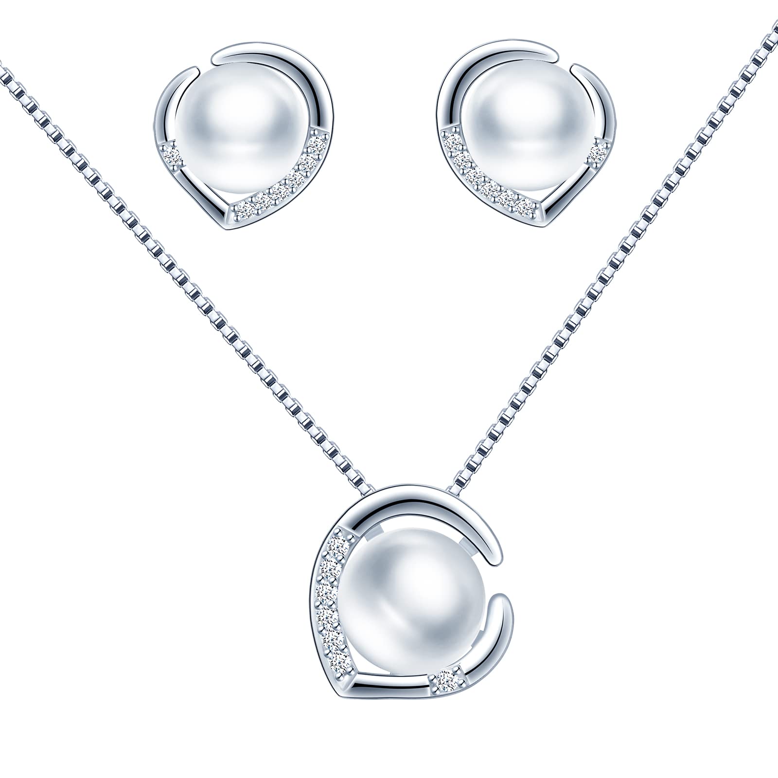CPSLOVE Collare y Pendientes Perla para Mujer Niña, Juegos de joyas de Plata 925, Elegante Collar Colgante de Perla, Pendientes de Corazón de Perla, Incrustaciones de Circón