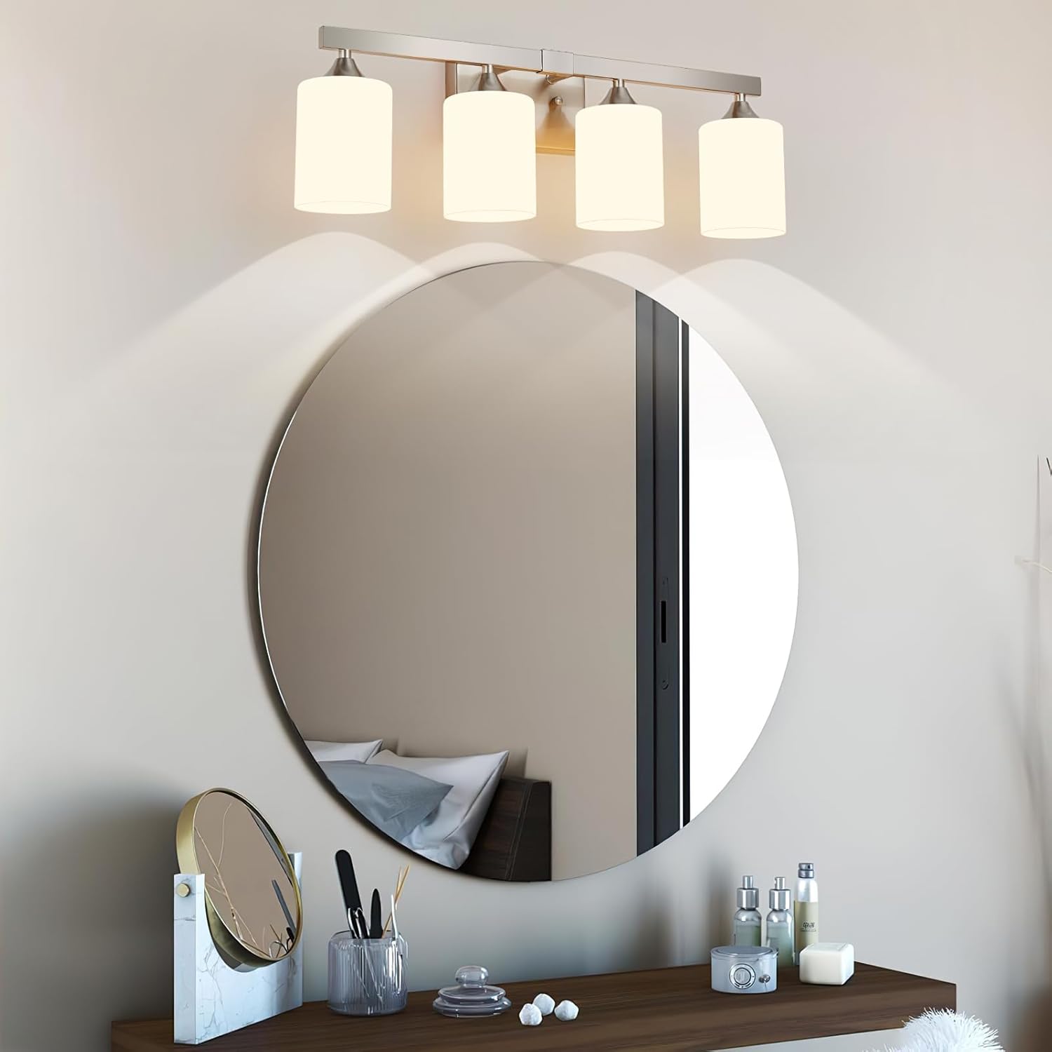 ZHU YAN Brushed Nickel Vanity Lights,4-Light Bathroom Light Fixtures,Milky White Glass Shades Wall Lamp,E26 Socket Vanity Lights Fixtures,Bathroom Lighting Fixtures Over Mirror