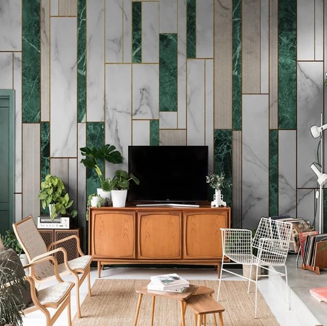 Papier peint géométrique vert en marbre 350x256cm pour décor de salon