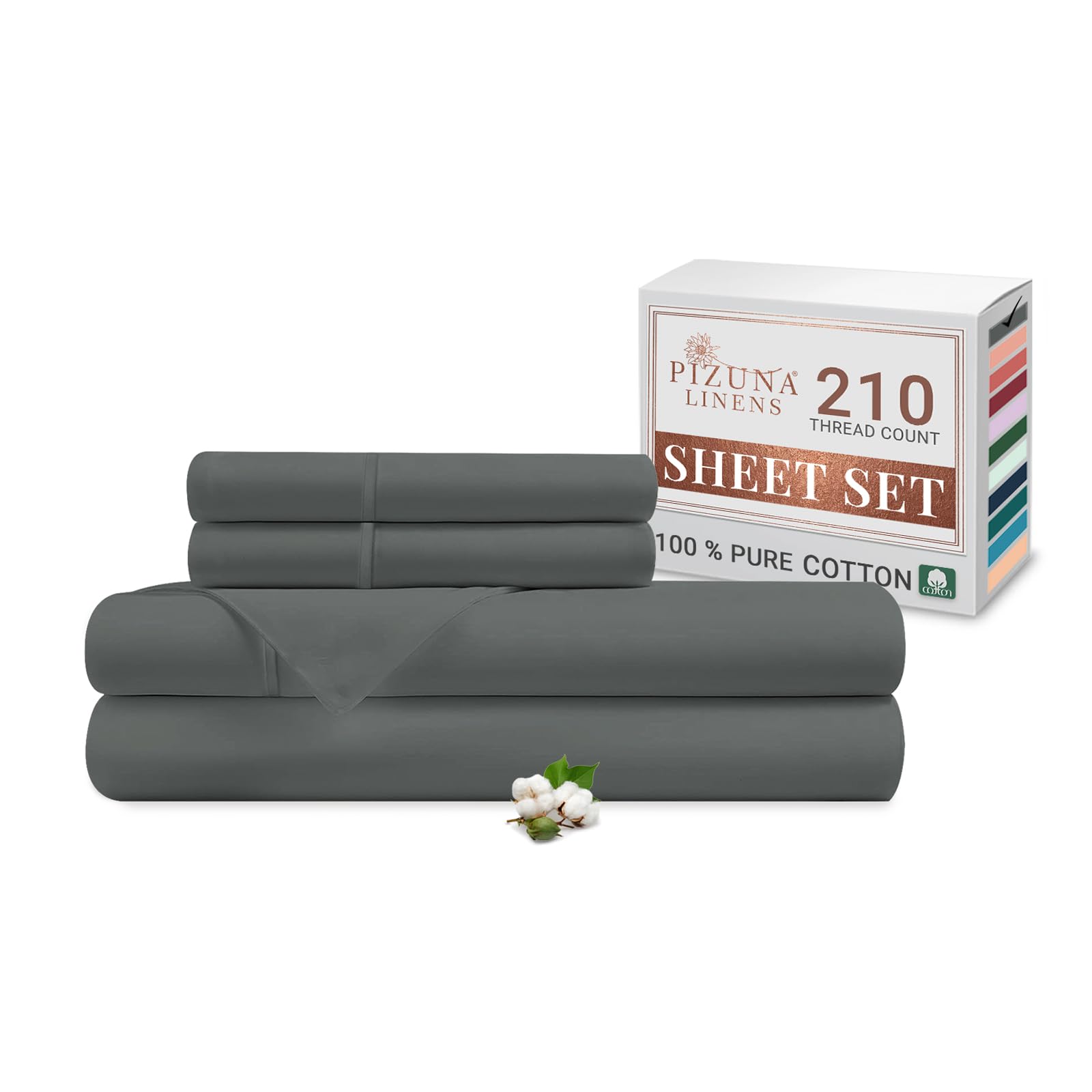Pizuna Cotton Percale Double Bed Sheet Set Dark Grey, 100% Long Staple Combed Cotton Bedding Set 230x280 cm Percale Weave 4 PC Double Bed Sheet Set - Fitted Sheet, Flat Sheet & 2 Pillowcases