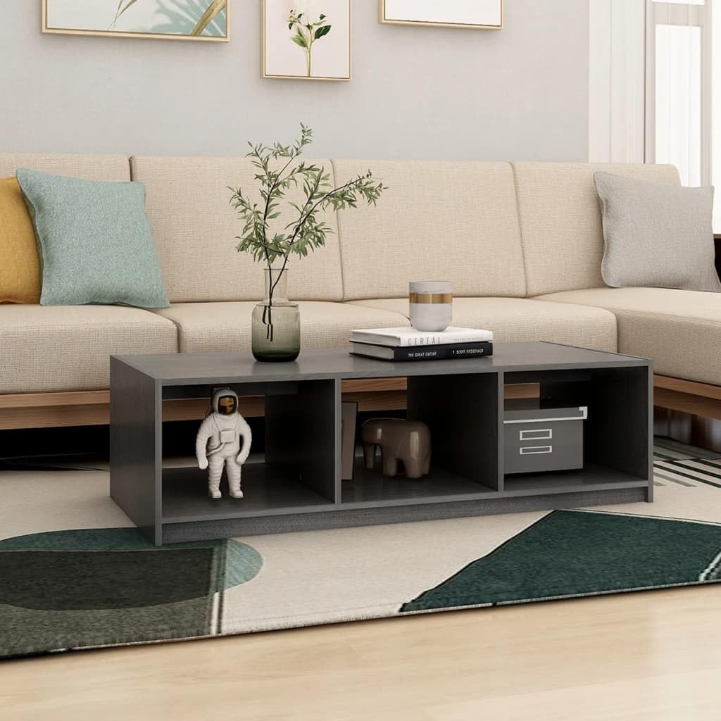Mesa de centro gris 110 x 50 x 34 cm, diseño moderno de madera de pino maciza, robusta mesa auxiliar con estante para salón, dormitorio y pasillo