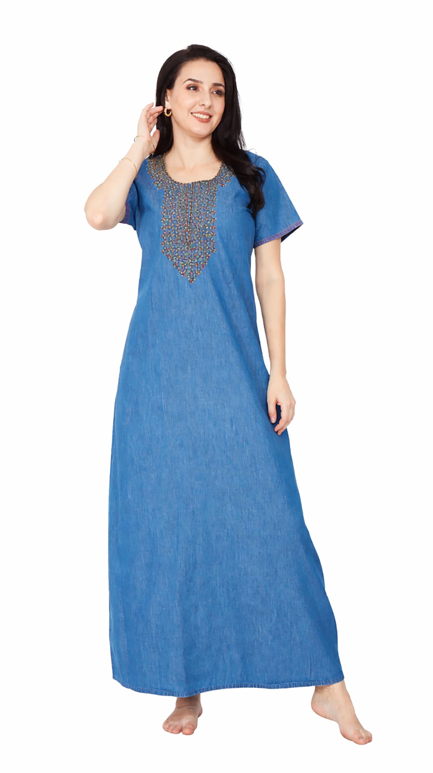 Nighty| Nighty for Women Stylish| Premium Denim Fabric| Elegant Embroidery| Maxi Style| Comfortable Lounge Wear| Soft & Breathable| Night Gown for Women Stylish|-image-28