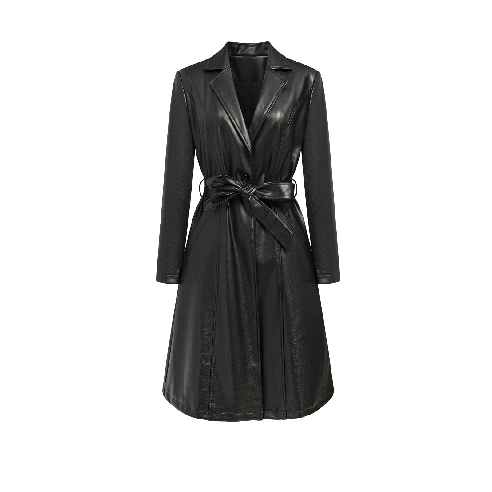 Womens Black Length Faux Leather Trench Coat Long Sleeve Motorcycle Button Biker Overcoat With Belt