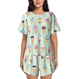 Longzehao Ice Cream Cones Print Womens Crew neck short sleeved pajama set 2 Piece T-Shirt and Shorts Loungewear