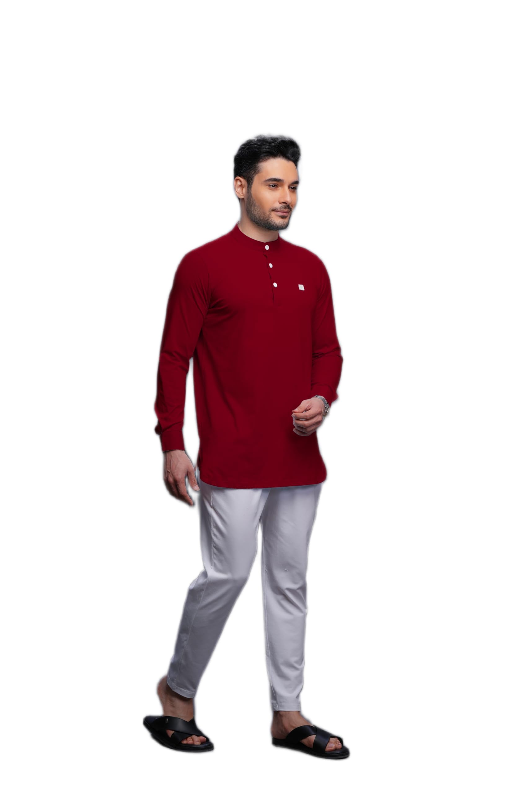 Men Kurta Pyjama Set Maroon Cotton Elastic Knitted Short Kurta with Elastic Pant for Casual, Mandarin Neck-image-22
