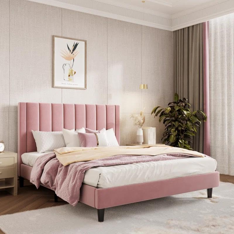 X went Soild Modern Upholstered Platform Bed Frame with Channel Tufted Headboard, Black Velvet, Queen Size (Light Pink)