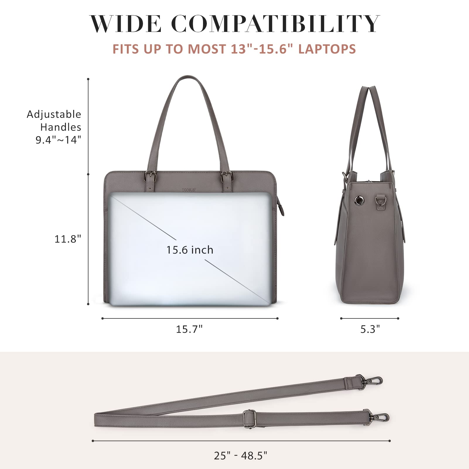 ECOSUSI Borsa Porta PC 15,6 Pollici Donna a Mano Tote Bag in Pelle PU Grande Borsa Ventiquattrore Lavoro Corso per Insegnanti Università Liceo,Grigio