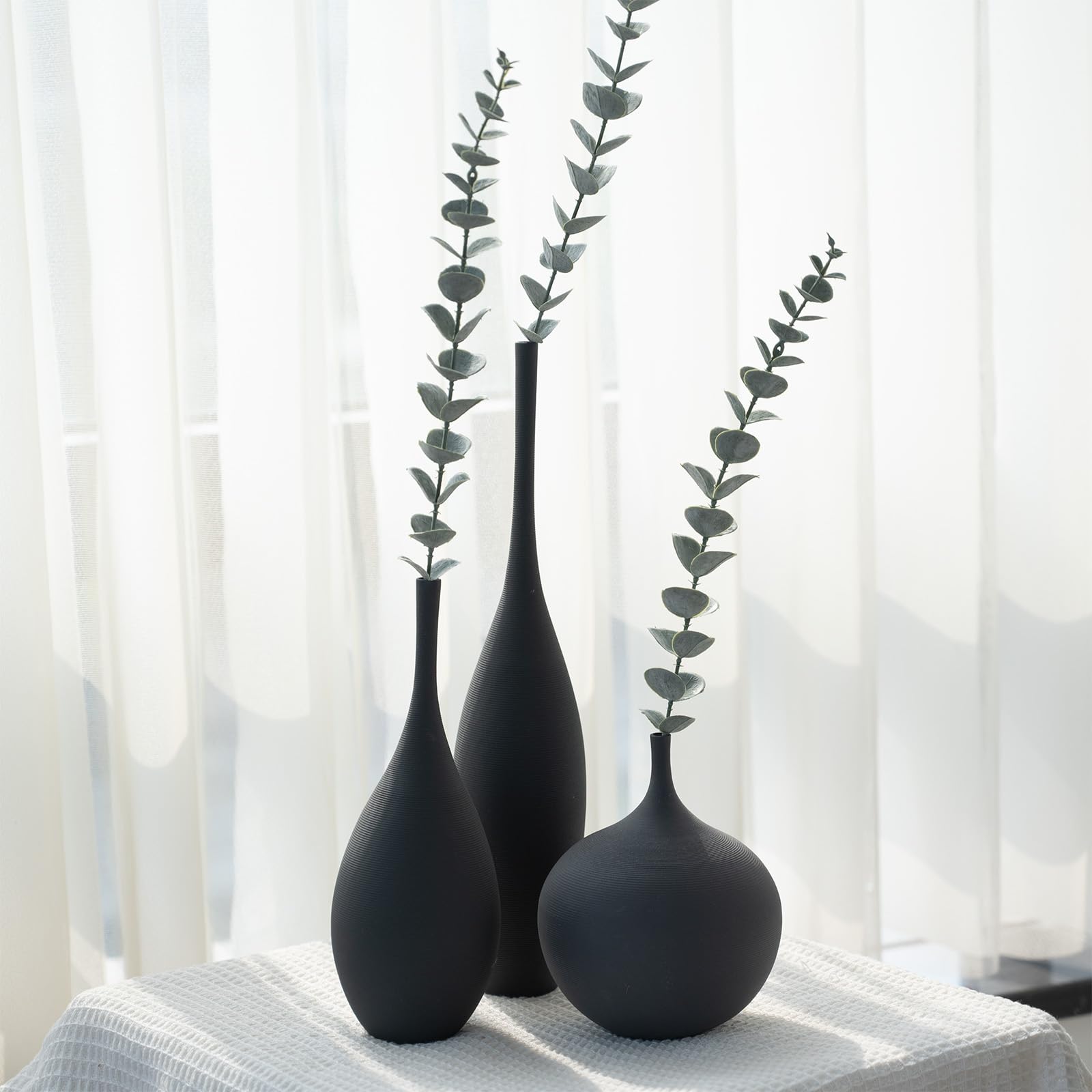 Relexome Vaso in Ceramica Nero Moderno Boho Wabi-Sabi Set di 3 Vasi Decorativi Estetici per Centrotavola Vasi Minimalisti Opachi per Soggiorno, Tavolo, Mensola, Decorazione della Casa, Regalo
