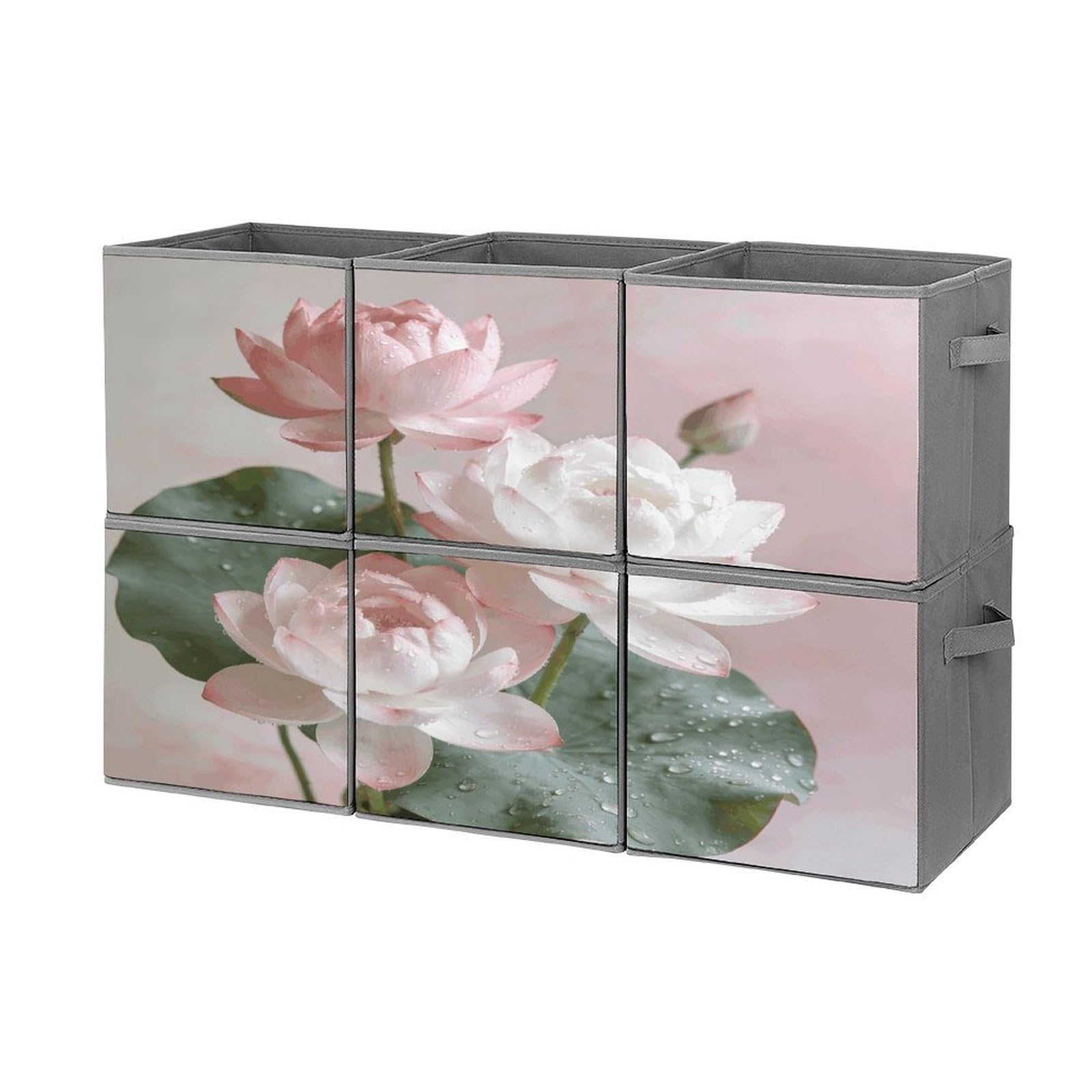 Fodpand Style Lotus Floral Cube Bins With Double Handles,Set Of 6 Cube Organizer, Stackable And Foldable Storage Bins For Organization, Closet, Shelves, Offices