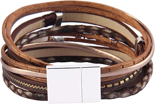 Miniatura 6 de GelConnie - Pulsera envolvente estilo bohemio de cuero con cristales, brazalete magnético de múltiples hebras, joyería para mujeres, adolescentes,