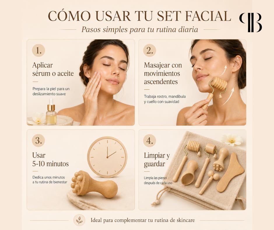 Set de 7 Piezas de Maderoterapia Facial en Madera de Haya Natural | Kit Masaje Facial con Mini Copa Sueca, Rodillo Contorno de Ojos, Tabla Facial y Herramientas de Drenaje | Rutina Facial y Bienestar
