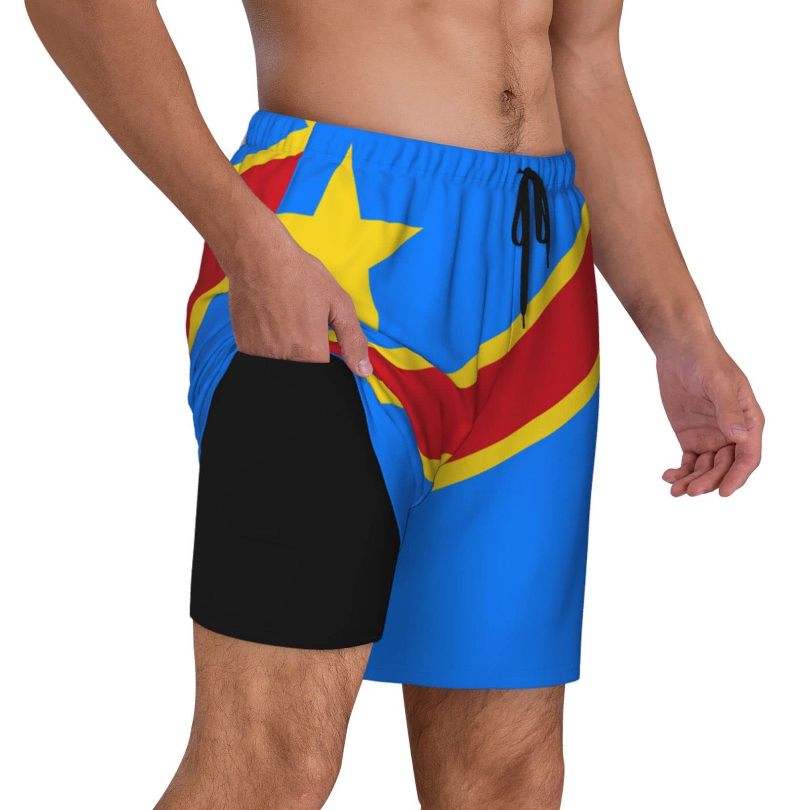 peiyeety Congo Flag Men's Double Layer Beach Shorts with Compression Liner Swim Trunks Board Shorts Black