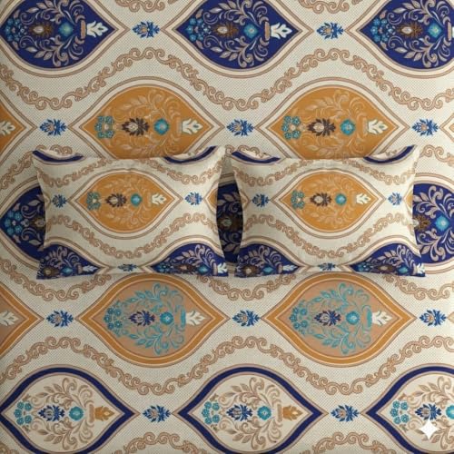 Image of Cotton Bolls Textiles Glace Cotton Flat Bedsheet 90x90 Inch with 2 Pillow Covers - Soft Breathable Glace Cotton, Printed Bedding Set for Double Bed