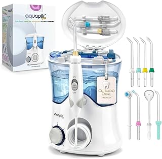 Aquapik PRO Irrigador dental Irrigador Bucal sobremesa 10 niveles de presión 600 mL 8 boquillas water flosser IPX7 Impermeable Limpieza Dental Elimina la placa Protege las encías y cuida tu ortodoncia