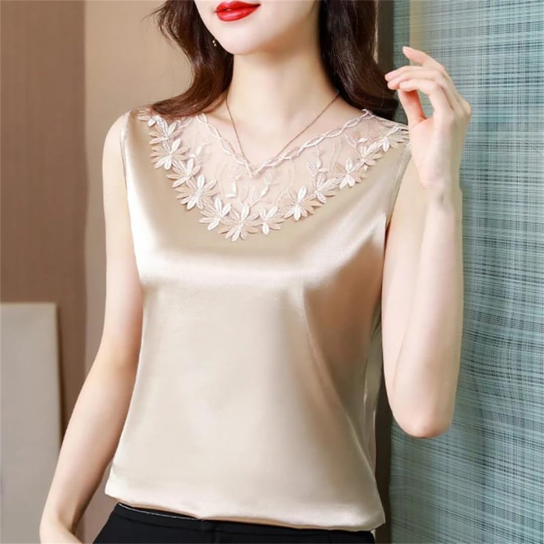 Donne Fiore Ricamo Senza Maniche Seta Camicette Estate Solido Pizzo Top