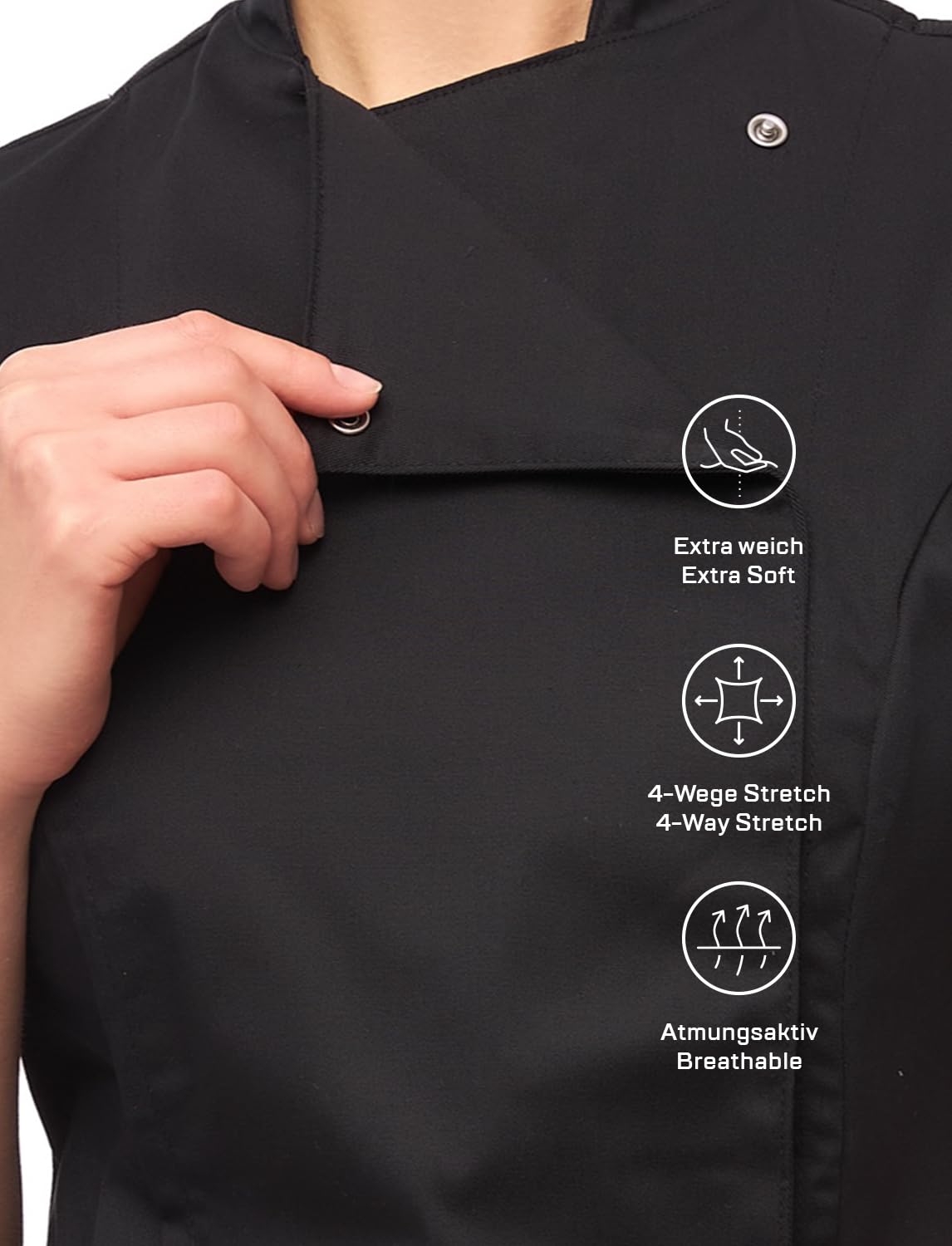 strongAnt Giacca da Cucina Donna Slim Fit Soft Cotone con Bottoni a Pressione Giacca da Pasticcere Manica Corta – Nero, 2XL