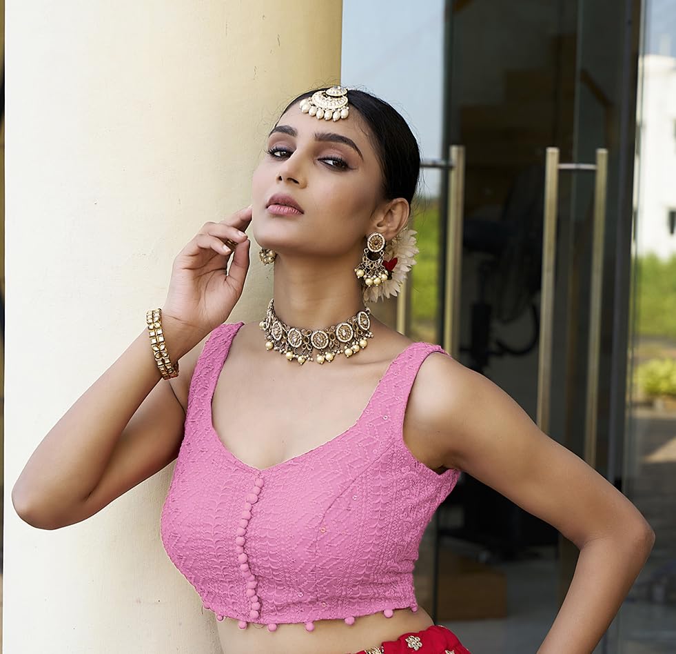 Vihu Fashion Women's Readymade Fancy Blouse Embroidery Lucknowi Work Sequence Work Indian Ethnic Designer Sleeveless Blouse Readymade Sweetheart Neck Blouse Baby Pink For Women Saree Lehenga Choli