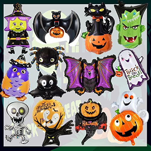 13 Pcs Ballons Halloween,Ballons en Aluminium Halloween,Citrouilles, Araignées,Fantômes,Squelettes,Chauves souris,Ballons de Sorcière,Décoration de Fête D'Halloween pour Bar,Maison,Bureau, Ecole Cover