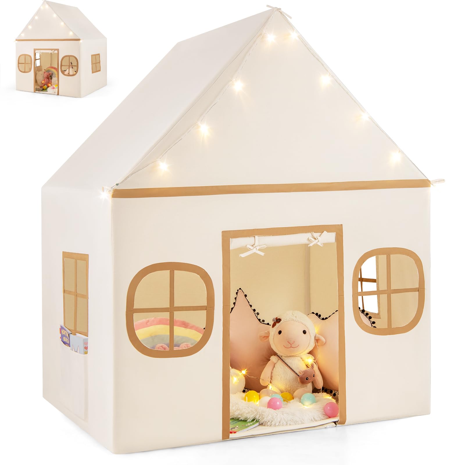HOMASIS Tenda per Bambini da Interno, Casetta da Gioco per Bambini con Luci Stellate e Tappetino Imbottito e 4 Finestre, Tenda Principessa per Ragazzi e Ragazze dai 3+ Anni (Marrone)