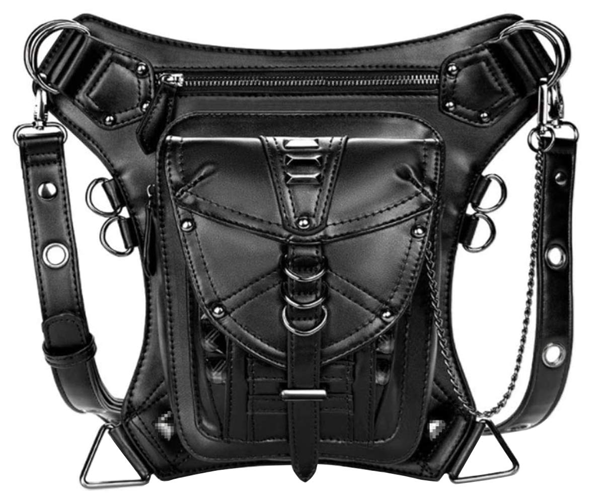 RainboSee Gothic Waist Bag Punk Tactical Drop Leg Bag Outdoor Bike Motorcycle Cycling Hiking Fanny Pack Hip/Thigh Pouch Shoulder Bag Black, Black Ring, Medium - Black Ring