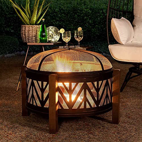 Sunjoy 27 In. Large Fire Pits For Outside Round Wood-Burning Fire Pit, Outdoor Patio Steel Bowl Shape Fire Pit With Mesh Spark Screen And Poker Tool #TOP1