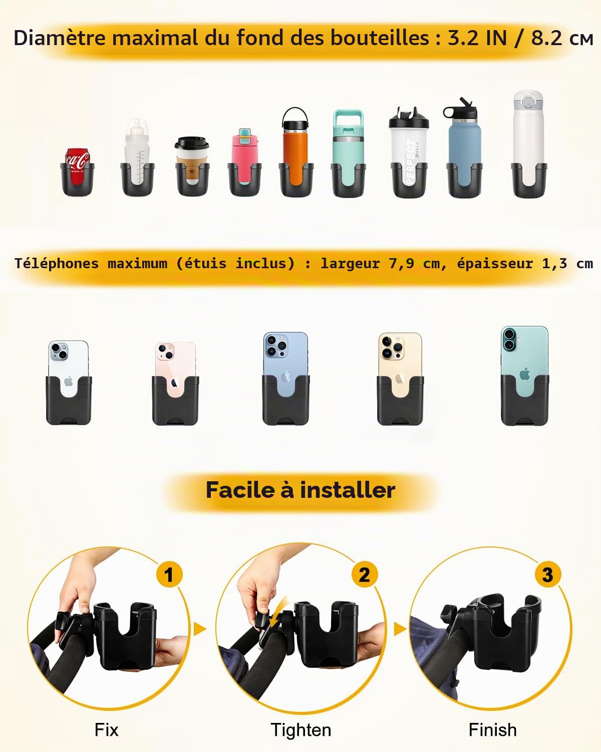 Porte-gobelet Universel pour Poussette avec étui de téléphone Portable, Support de Rangement 2 en 1, Rotation à 360 degrés, pour vélo, Poussette, Fauteuil Roulant, déambulateur, vélo, s'adapte à la