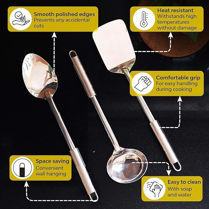 Lot de 5 ustensiles de cuisine en acier inoxydable | Spatule et spatule ajourée (Palta), louche (Karchi), écumoire (Jhara), cuillère (chamach) | Cuillère de cuisine | Spatule en acier | Palta pour