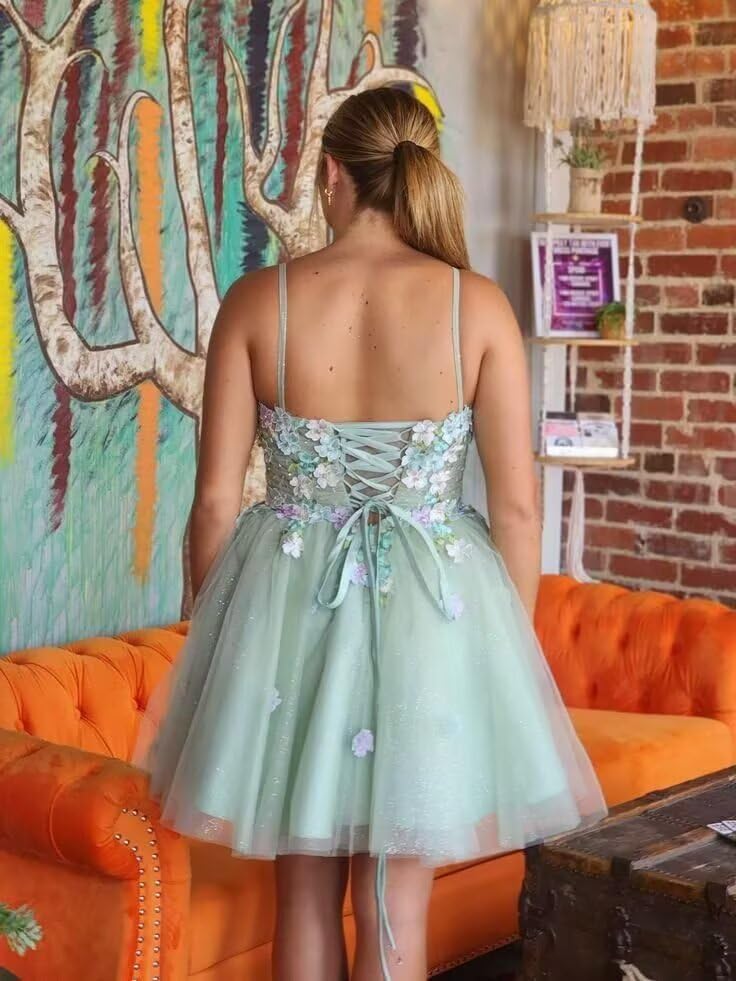 3D Floral Homecoming Dress for Teens Spaghetti Straps Puffy Tulle Short Ball Gown Quinceanera DAMA Dress3