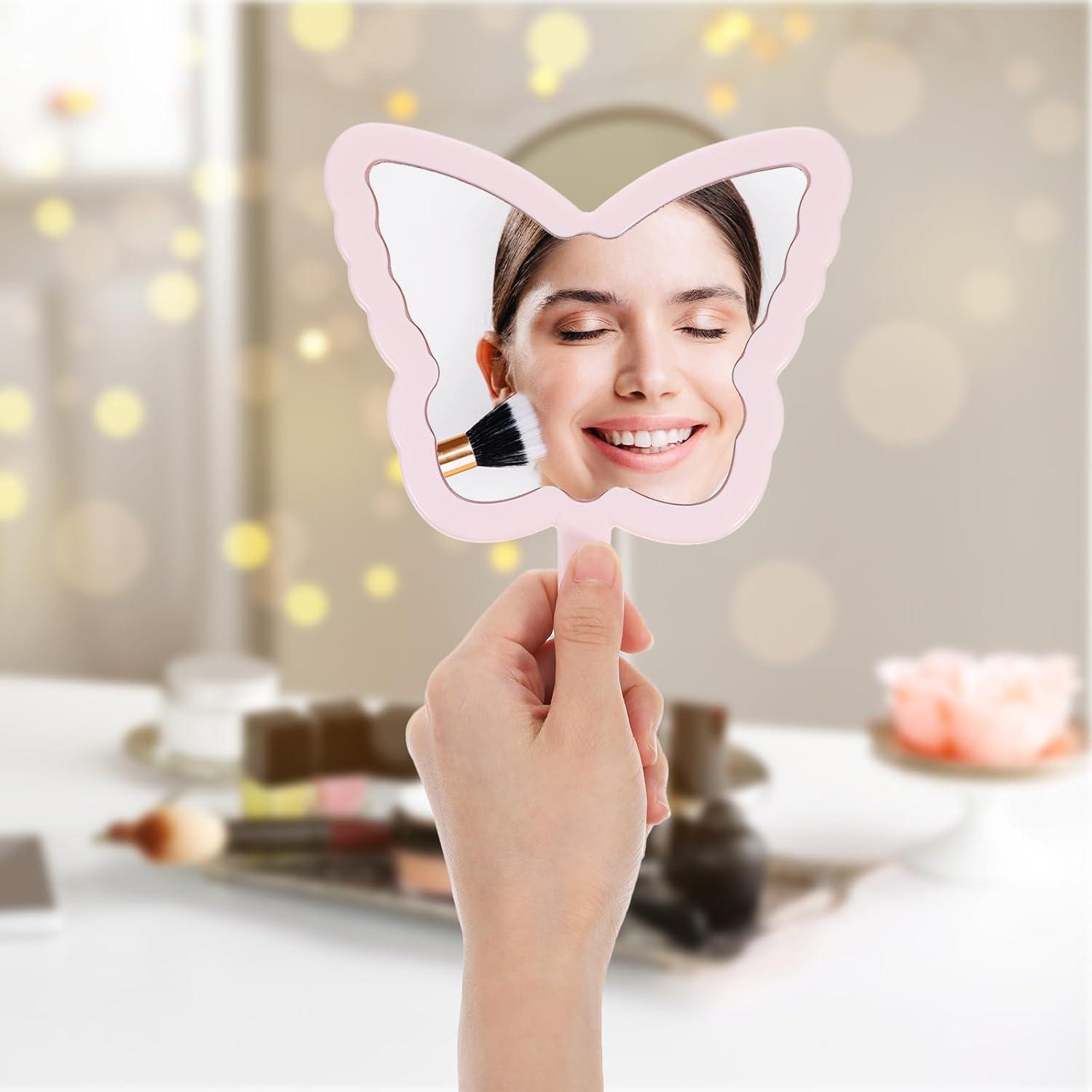Butterfly Shaped Handheld Mirror, Small Cute Cosmetic Travel Held Mirror with Handle for Women Girls, Small Butterflies Decorative Hand Held Mirror for Makeup (Pink)