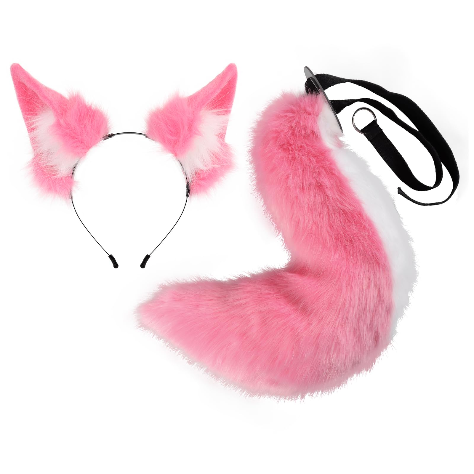 JUNBOONHandmade Fox Wolf Ears and Tail Set Animal Cat Ears Headband Faux Fur Tail Cosplay Halloween Fancy Party Costume