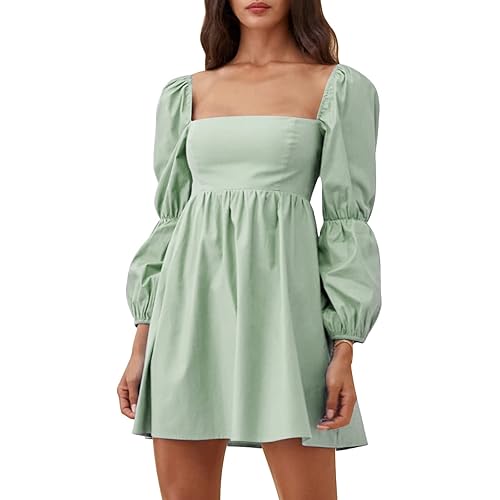 EXLURA Womens Square Neck Dress Long Puff Sleeve A-Line Casual Short Mini Dress