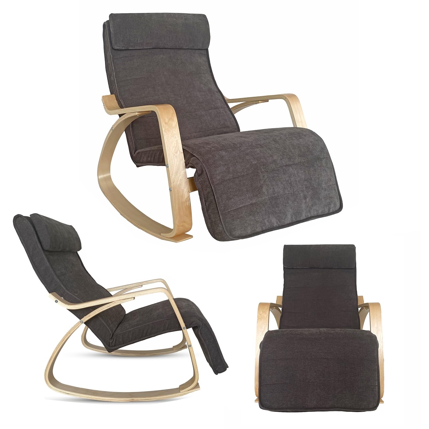 WeHome Swing Amor Fauteuil à Bascule avec accoudoirs en Bois, Rocking Chair, Fauteuil à Bascule avec Repose-Pieds réglable, Fauteuil Salon, Chaise de Chambre à Coucher (Tissu, Gris foncé)