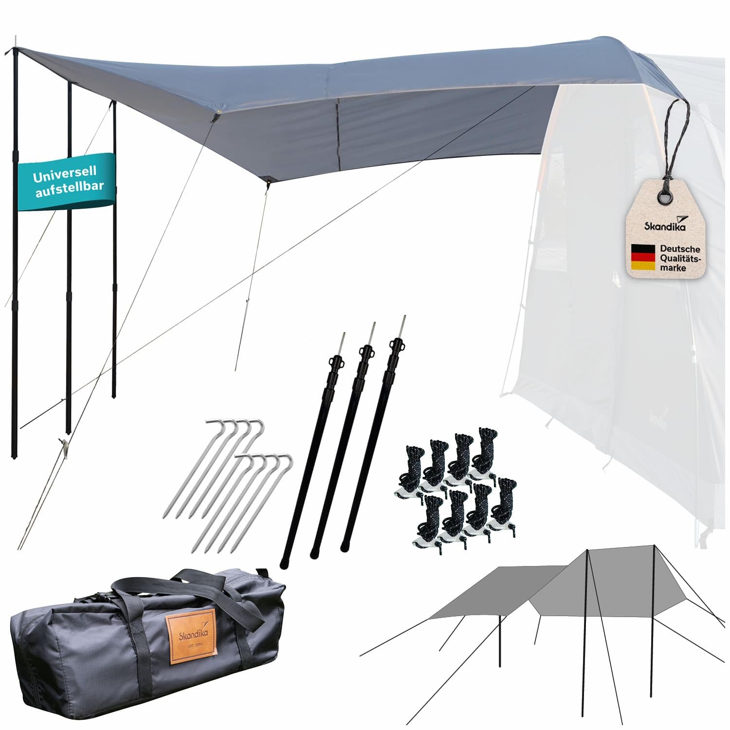 Skandika Sonnensegel Spirit 390 x 400 cm | Wetterschutz mit Teleskopstangen, wasserdicht 3000 mm Wassersäule, UPF 50+ | Sonnenschutz, Vordach für Zelt, Camping, Outdoor, Wandern, Garten (390 x 400 cm)