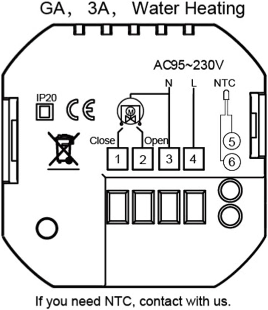 Schematic wiring diagram for the BECA thermostat, showing connections for AC95-230V power, NTC sensor, and load terminals 1-4 for water heating systems.