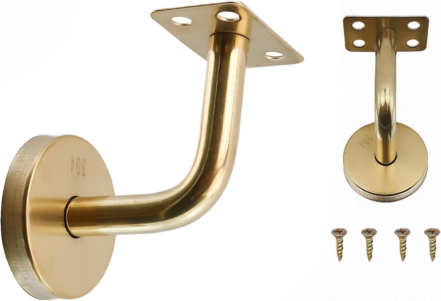 5pcs Stainless Steel Handrail Brackets, Gold, Flat Mounting Plate | Wall Mounted Square Staircase Handrail Railing Holders, Gold Stairway Armrest Brackets, with Base Cover and Screws
